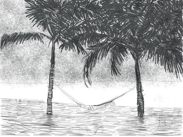 Five sketches of two palm trees, a hammock and the rest.